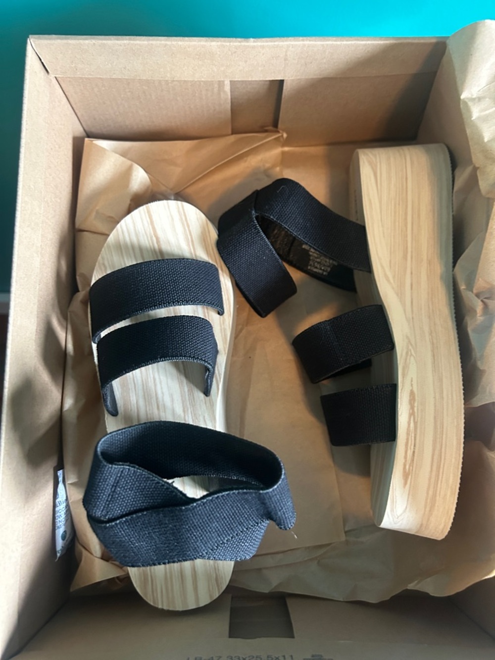Lucky Brand Black Strappy Platform Sandals with Wood-Look Sole